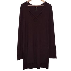 Free People Women's Burgundy Boho Lagenlook Criss Cross V-Neck Long Sleeve Tunic